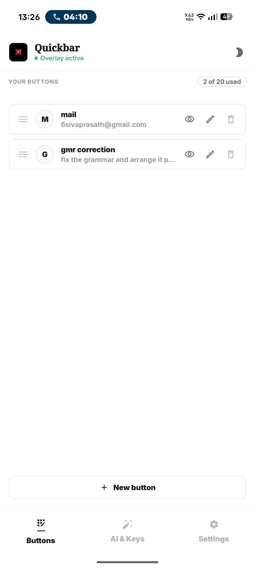 QuickBar Buttons tab